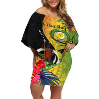 Vanuatu Torba Day Off Shoulder Short Dress Coat Of Arms Mix Tropical Flowers LT14 Women Black - Polynesian Pride