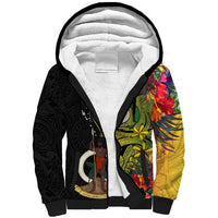 Vanuatu Torba Day Sherpa Hoodie Coat Of Arms Mix Tropical Flowers LT14 Unisex Black - Polynesian Pride