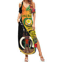 Vanuatu Torba Day Summer Maxi Dress Coat Of Arms Mix Tropical Flowers LT14 Women Black - Polynesian Pride