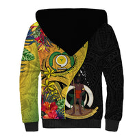 Personalised Vanuatu Torba Day Sherpa Hoodie Coat Of Arms Mix Tropical Flowers LT14 - Polynesian Pride
