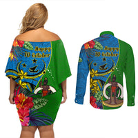 vanuatu-malampa-day-couples-matching-off-shoulder-short-dress-and-long-sleeve-button-shirts-coat-of-arms-mix-tropical-flowers