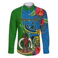 Vanuatu Malampa Day Family Matching Off Shoulder Maxi Dress and Hawaiian Shirt Coat Of Arms Mix Tropical Flowers LT14 Dad's Shirt - Long Sleeve Green - Polynesian Pride