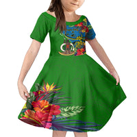 Vanuatu Malampa Day Kid Short Sleeve Dress Coat Of Arms Mix Tropical Flowers LT14 KID Green - Polynesian Pride