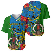 Personalised Vanuatu Malampa Day Baseball Jersey Coat Of Arms Mix Tropical Flowers LT14 - Polynesian Pride
