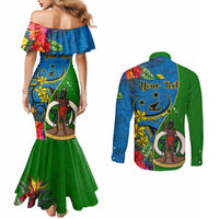 Personalised Vanuatu Malampa Day Couples Matching Mermaid Dress and Long Sleeve Button Shirts Coat Of Arms Mix Tropical Flowers LT14 - Polynesian Pride