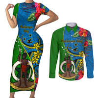 personalised-vanuatu-malampa-day-couples-matching-short-sleeve-bodycon-dress-and-long-sleeve-button-shirts-coat-of-arms-mix-tropical-flowers