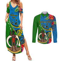 personalised-vanuatu-malampa-day-couples-matching-summer-maxi-dress-and-long-sleeve-button-shirts-coat-of-arms-mix-tropical-flowers