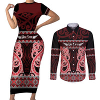 Kia Ora New Zealand Couples Matching Short Sleeve Bodycon Dress and Long Sleeve Button Shirt Maori Language Week Whero Taniko Motif - Polynesian Pride
