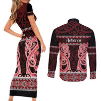 Kia Ora New Zealand Couples Matching Short Sleeve Bodycon Dress and Long Sleeve Button Shirt Maori Language Week Whero Taniko Motif - Polynesian Pride