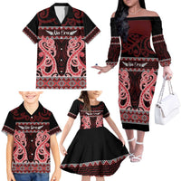 Kia Ora New Zealand Family Matching Off The Shoulder Long Sleeve Dress and Hawaiian Shirt Maori Language Week Whero Taniko Motif - Polynesian Pride