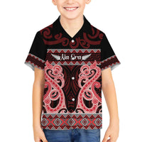 Kia Ora New Zealand Family Matching Off The Shoulder Long Sleeve Dress and Hawaiian Shirt Maori Language Week Whero Taniko Motif - Polynesian Pride