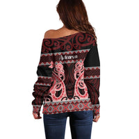 Kia Ora New Zealand Off Shoulder Sweater Maori Language Week Whero Taniko Motif - Polynesian Pride