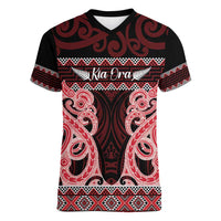 Kia Ora New Zealand Women V-Neck T-Shirt Maori Language Week Whero Taniko Motif - Polynesian Pride