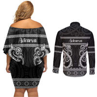 Kia Ora New Zealand Couples Matching Off Shoulder Short Dress and Long Sleeve Button Shirt Maori Language Week Pango Taniko Motif - Polynesian Pride