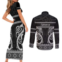 Kia Ora New Zealand Couples Matching Short Sleeve Bodycon Dress and Long Sleeve Button Shirt Maori Language Week Pango Taniko Motif - Polynesian Pride