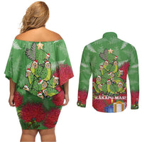 Kakapo New Zealand Christmas Couples Matching Off Shoulder Short Dress and Long Sleeve Button Shirt Meri Kirihimete Pohutukawa - Green Color