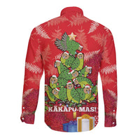 Kakapo New Zealand Christmas Long Sleeve Button Shirt Meri Kirihimete Pohutukawa - Red Color