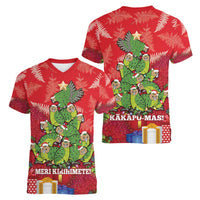 Kakapo New Zealand Christmas Women V-Neck T-Shirt Meri Kirihimete Pohutukawa - Red Color
