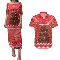 Kiwi New Zealand Christmas Couples Matching Puletasi and Hawaiian Shirt Meri Kirihimete Silver Fern - Red Color