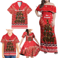 Kiwi New Zealand Christmas Family Matching Off Shoulder Maxi Dress and Hawaiian Shirt Meri Kirihimete Silver Fern - Red Color