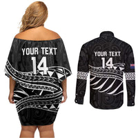 Custom Aotearoa Ice Hockey Couples Matching Off Shoulder Short Dress and Long Sleeve Button Shirt NZ Tiki Mascot - Maori Pattern