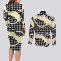 Black Palaka Hawaii Couples Matching Long Sleeve Bodycon Dress and Long Sleeve Button Shirt Kukui Nut Pikake Lei Hawaiian Tapa Pattern - Polynesian Pride