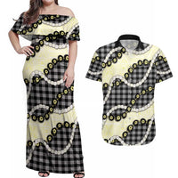 Black Palaka Hawaii Couples Matching Off Shoulder Maxi Dress and Hawaiian Shirt Kukui Nut Pikake Lei Hawaiian Tapa Pattern - Polynesian Pride