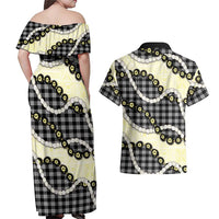 Black Palaka Hawaii Couples Matching Off Shoulder Maxi Dress and Hawaiian Shirt Kukui Nut Pikake Lei Hawaiian Tapa Pattern - Polynesian Pride