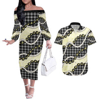 Black Palaka Hawaii Couples Matching Off The Shoulder Long Sleeve Dress and Hawaiian Shirt Kukui Nut Pikake Lei Hawaiian Tapa Pattern LT14 Black - Polynesian Pride