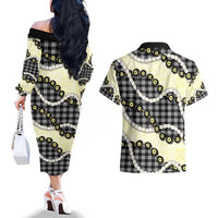 Black Palaka Hawaii Couples Matching Off The Shoulder Long Sleeve Dress and Hawaiian Shirt Kukui Nut Pikake Lei Hawaiian Tapa Pattern - Polynesian Pride