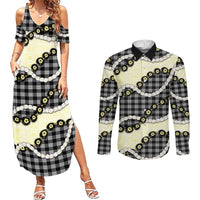 Black Palaka Hawaii Couples Matching Summer Maxi Dress and Long Sleeve Button Shirt Kukui Nut Pikake Lei Hawaiian Tapa Pattern LT14 Black - Polynesian Pride