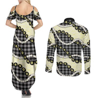 Black Palaka Hawaii Couples Matching Summer Maxi Dress and Long Sleeve Button Shirt Kukui Nut Pikake Lei Hawaiian Tapa Pattern LT14 - Polynesian Pride