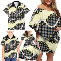 Black Palaka Hawaii Family Matching Off Shoulder Short Dress and Hawaiian Shirt Kukui Nut Pikake Lei Hawaiian Tapa Pattern - Polynesian Pride