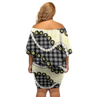 Black Palaka Hawaii Family Matching Off Shoulder Short Dress and Hawaiian Shirt Kukui Nut Pikake Lei Hawaiian Tapa Pattern - Polynesian Pride