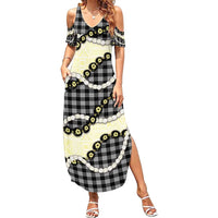 Black Palaka Hawaii Family Matching Summer Maxi Dress and Hawaiian Shirt Kukui Nut Pikake Lei Hawaiian Tapa Pattern - Polynesian Pride