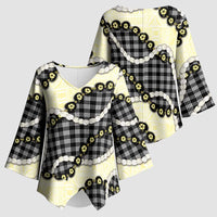 Black Palaka Hawaii Kimono Sleeve Blouse Kukui Nut Pikake Lei Hawaiian Tapa Pattern - Polynesian Pride