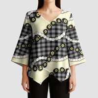 Black Palaka Hawaii Kimono Sleeve Blouse Kukui Nut Pikake Lei Hawaiian Tapa Pattern - Polynesian Pride