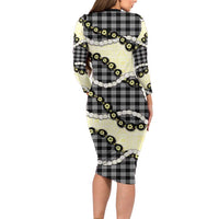 Black Palaka Hawaii Long Sleeve Bodycon Dress Kukui Nut Pikake Lei Hawaiian Tapa Pattern - Polynesian Pride