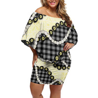 Black Palaka Hawaii Off Shoulder Short Dress Kukui Nut Pikake Lei Hawaiian Tapa Pattern - Polynesian Pride