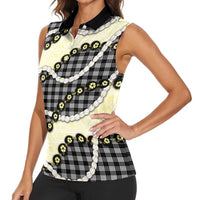 Black Palaka Hawaii Women Sleeveless Polo Shirt Kukui Nut Pikake Lei Hawaiian Tapa Pattern - Polynesian Pride