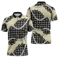 Black Palaka Hawaii Zipper Polo Shirt Kukui Nut Pikake Lei Hawaiian Tapa Pattern - Polynesian Pride