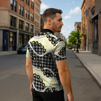 Black Palaka Hawaii Zipper Polo Shirt Kukui Nut Pikake Lei Hawaiian Tapa Pattern - Polynesian Pride