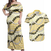 Yellow Palaka Hawaii Couples Matching Off Shoulder Maxi Dress and Hawaiian Shirt Kukui Nut Pikake Lei Hawaiian Tapa Pattern - Polynesian Pride