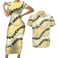 Yellow Palaka Hawaii Couples Matching Short Sleeve Bodycon Dress and Hawaiian Shirt Kukui Nut Pikake Lei Hawaiian Tapa Pattern LT14 Yellow - Polynesian Pride