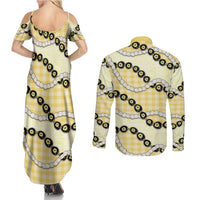 Yellow Palaka Hawaii Couples Matching Summer Maxi Dress and Long Sleeve Button Shirt Kukui Nut Pikake Lei Hawaiian Tapa Pattern LT14 - Polynesian Pride