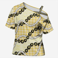 Yellow Palaka Hawaii Cross Shoulder Shirt Kukui Nut Pikake Lei Hawaiian Tapa Pattern LT14 Female Yellow - Polynesian Pride