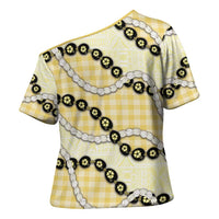 Yellow Palaka Hawaii Cross Shoulder Shirt Kukui Nut Pikake Lei Hawaiian Tapa Pattern LT14 - Polynesian Pride