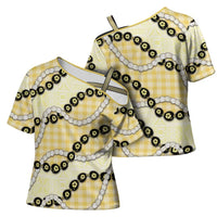 Yellow Palaka Hawaii Cross Shoulder Shirt Kukui Nut Pikake Lei Hawaiian Tapa Pattern LT14 - Polynesian Pride