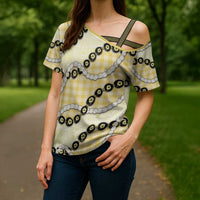 Yellow Palaka Hawaii Cross Shoulder Shirt Kukui Nut Pikake Lei Hawaiian Tapa Pattern LT14 - Polynesian Pride