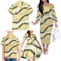 Yellow Palaka Hawaii Family Matching Off The Shoulder Long Sleeve Dress and Hawaiian Shirt Kukui Nut Pikake Lei Hawaiian Tapa Pattern LT14 - Polynesian Pride